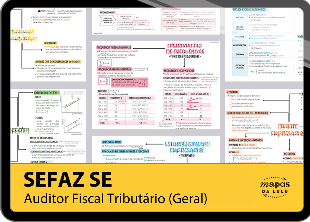 Mapas da Lulu. Os melhores e mais completos mapas mentais para o concurso de Auditor Fiscal Tributário (Geral) da SEFAZ SE. Totalmente atualizados e com download liberado.