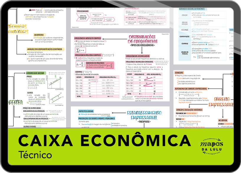 Mapas da Lulu. Os melhores e mais completos mapas mentais para o concurso de técnico da Caixa Econômica Federal (CEF). Totalmente atualizados e com download liberado.