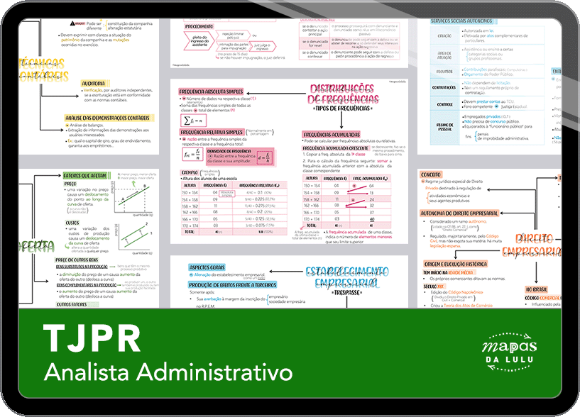 Mapas da Lulu. Os melhores e mais completos mapas mentais para o concurso de Analista Administrativo do TJPR. Totalmente atualizados e com download liberado.