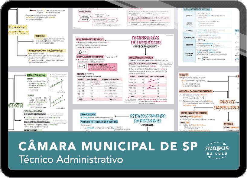 Mapas da Lulu. Os melhores e mais completos mapas mentais para o concurso de Técnico da Câmara Municipal de SP. Totalmente atualizados e com download liberado.